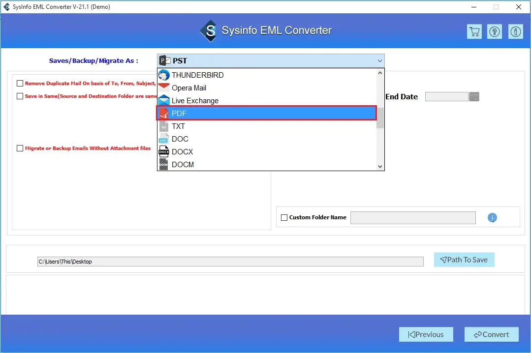 screenshot of eml converter