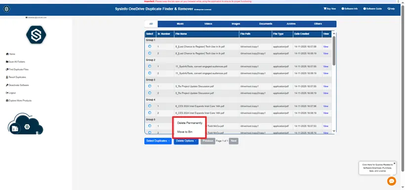 screenshot of OneDrive Duplicate Remover