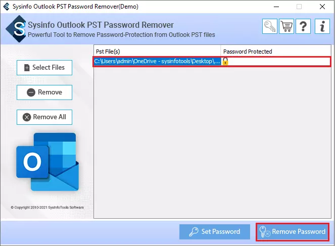 screenshot of pst password remover
