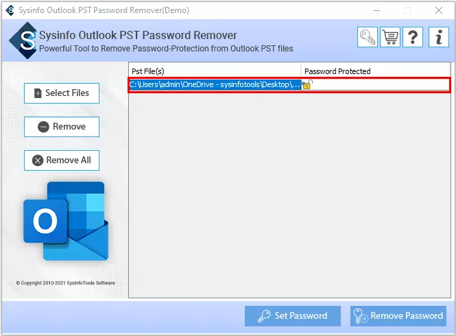 screenshot of pst password remover