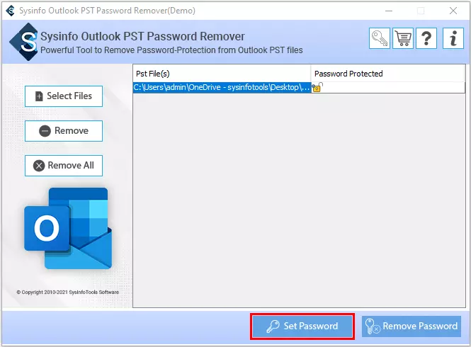 screenshot of pst password remover