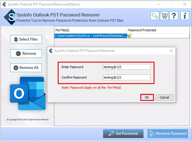 screenshot of pst password remover