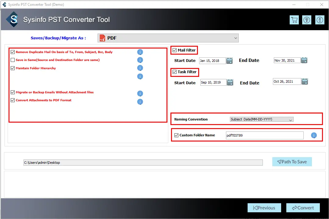 screenshot of PST to PDF Converter  