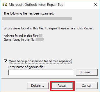 Errors have been detected in the file outlook.ost
