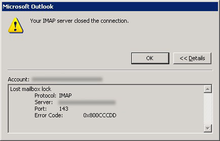 error message Outlook 0x800cccdd while working on IMAP account.
