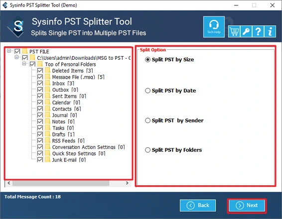Split PST File into Smaller Parts step 3