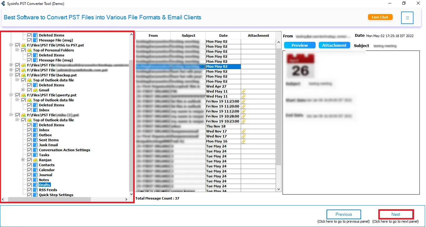 Now, preview the file content from the tree structure and select the files to transfer.
