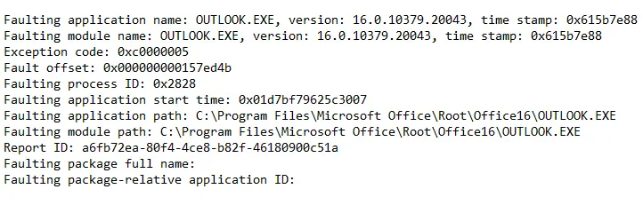 Outlook error 0xc0000005
