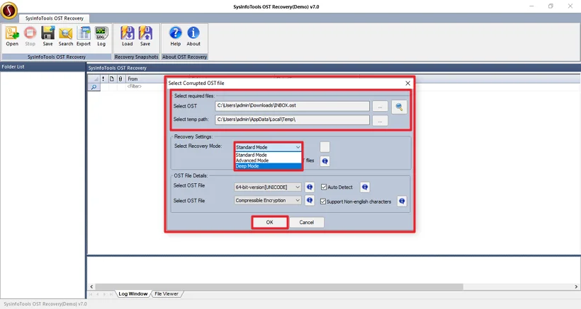 Add your OST file, choose youre recovery mode, and click Ok to proceed.