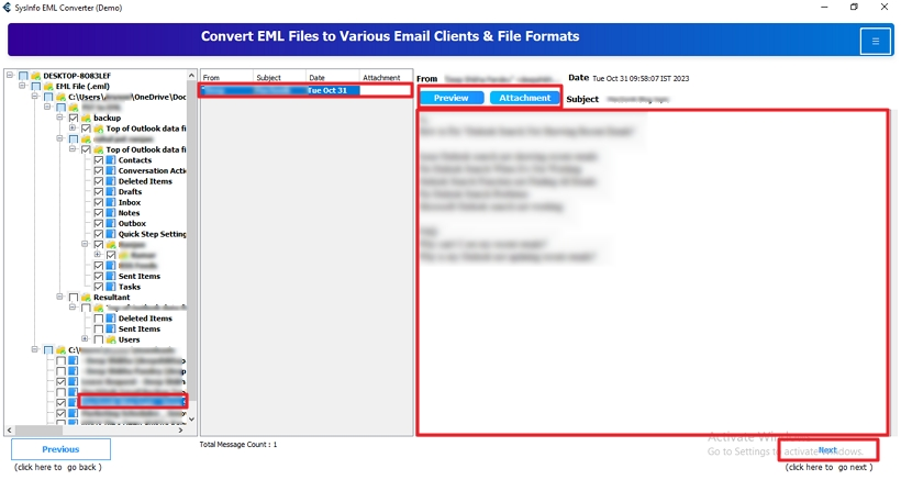 Preview and select the EML files
