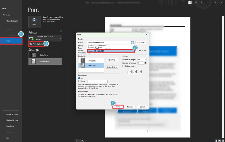 Choose Microsoft Print to PDF option