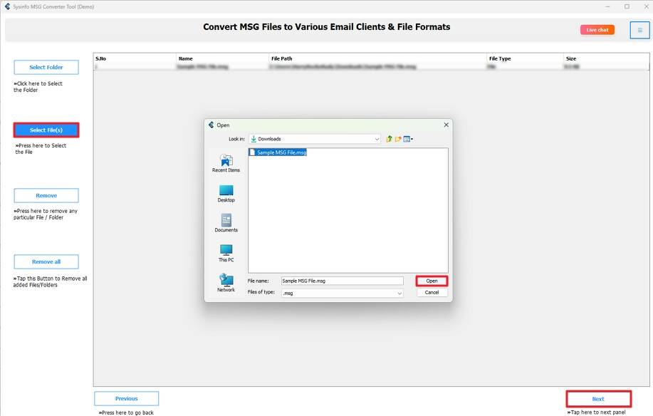 select the MSG file