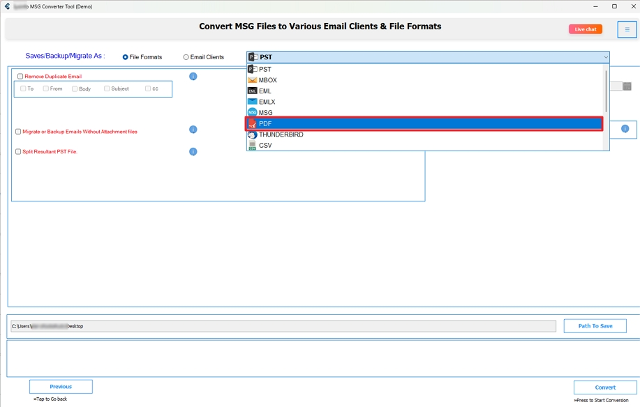 Choose PDF as saving format