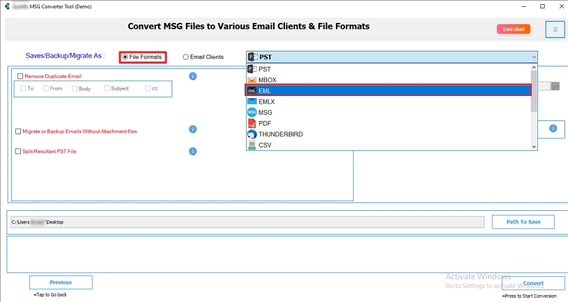 Choose EML from the drop-down list