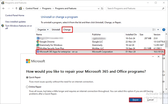 click repair and hit continue