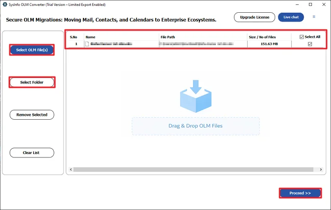 Then, add the OLM files and click Proceed.