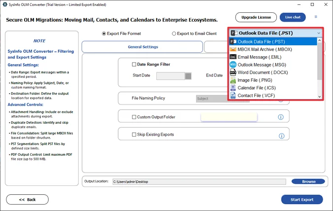 Choose the Outlook PST file format from the list.
