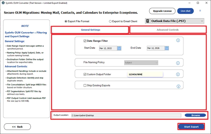 At last, apply filters, set the path, and click to Start Export.
