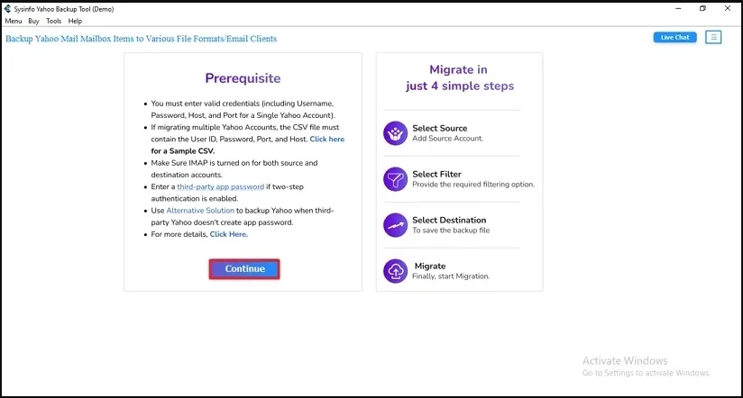 Launch the Yahoo Backup Software