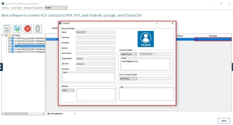 Preview the contact details