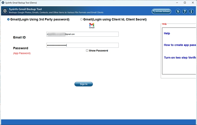 Select Gmail (Login using 3rd Party Password)
