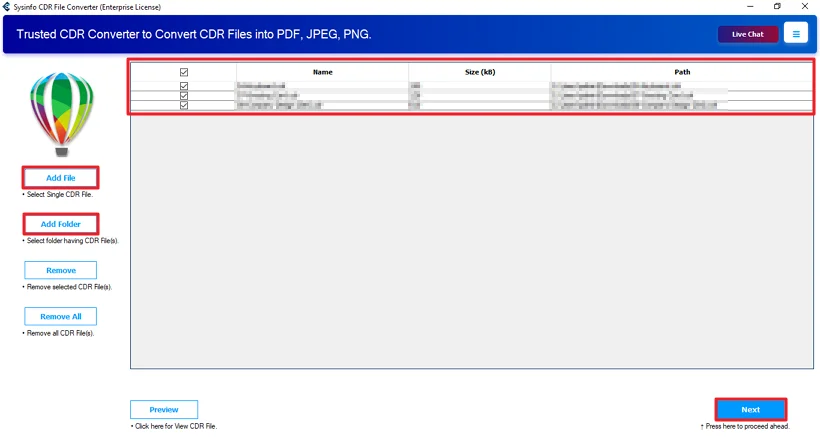 Then, add the CDR files and hit Next.
