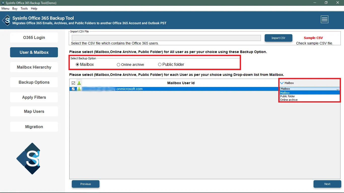 Select the source Backup Options