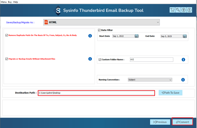 Select a destination path and click convert