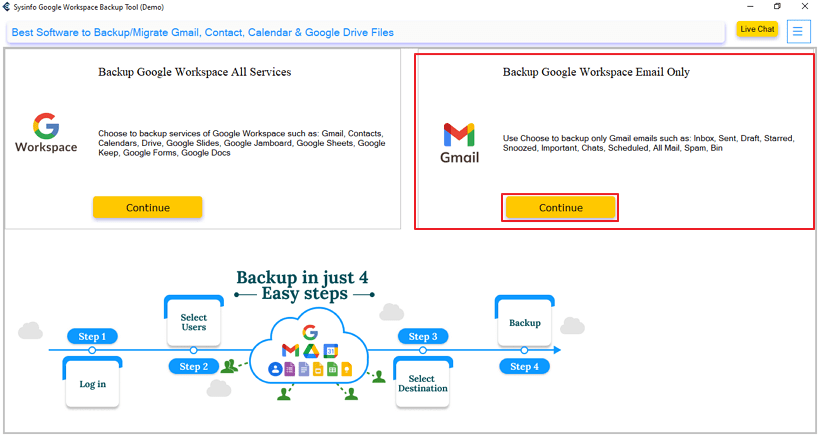 Select the Backup G Suite Email Only