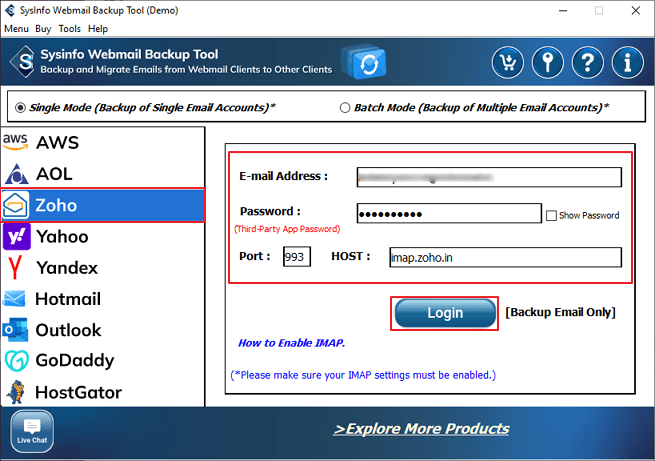 Select Zoho and log in