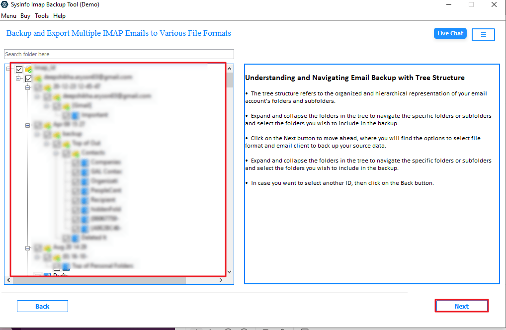 Select folders or emails then click Next
