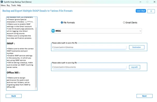 Select MSG and select the Destination Path