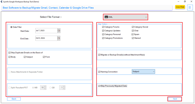 Go to the File Format, choose EML, click Next
