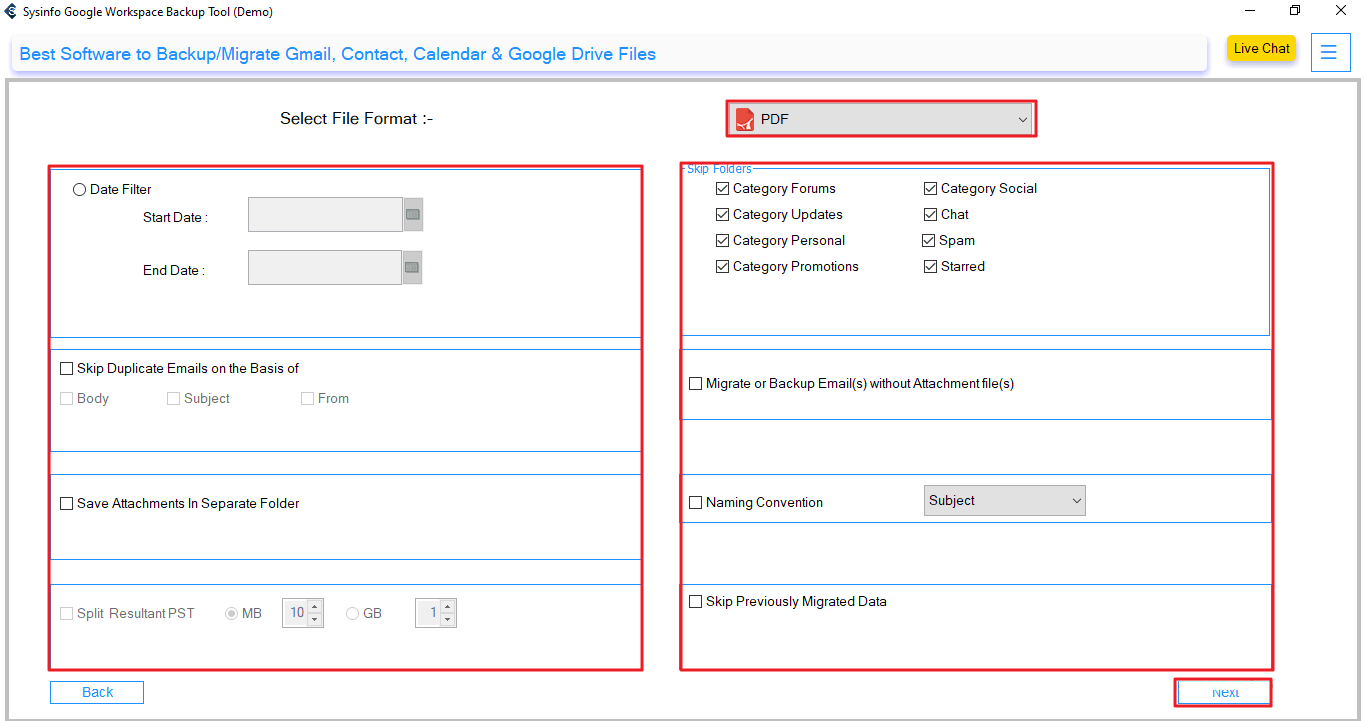Select PDF, apply advanced filters, select Next