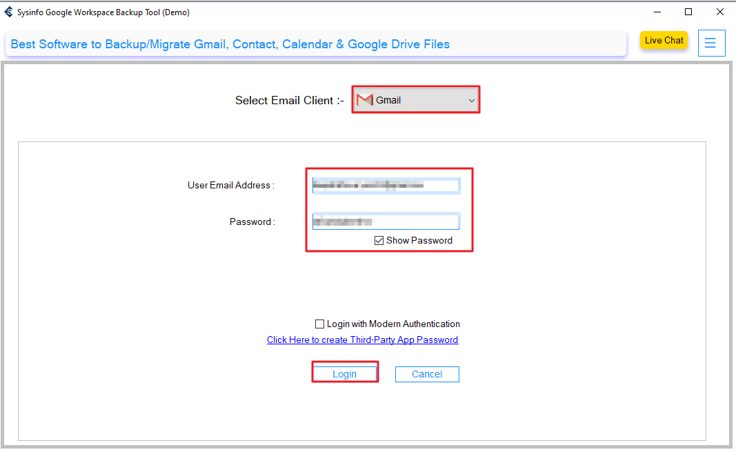 Choose Gmail from the given email clients and click Login
