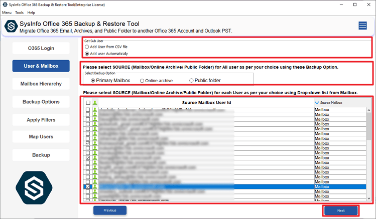Select the Source Mailbox User ID and click Next