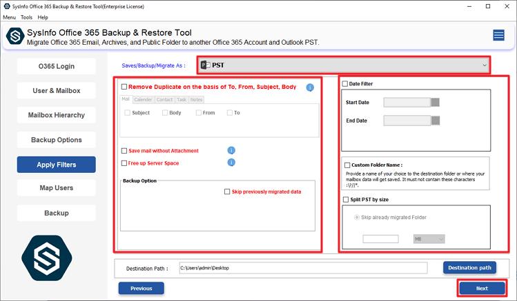 Apply filters, click Next