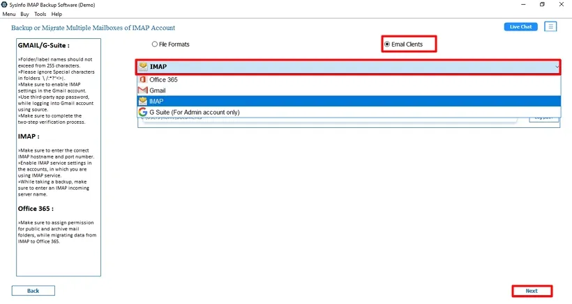 Select IMAP from the list and click Next