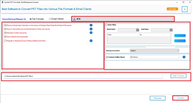 Select ICS format, use filters then click Convert.