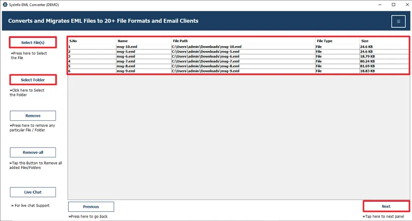 Select the EML file and folder