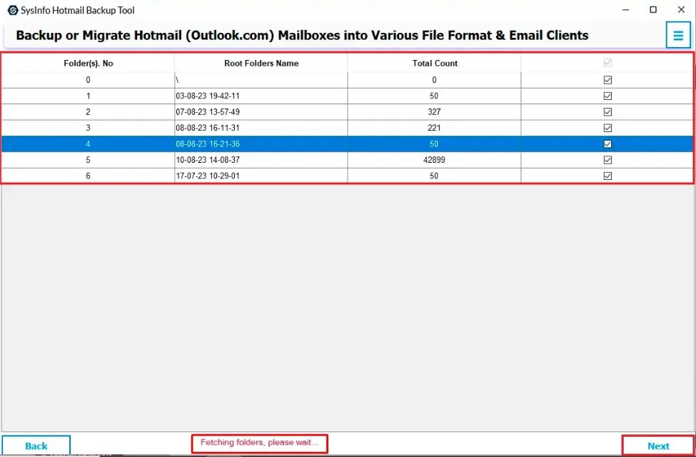 Choose the specific emails or folders