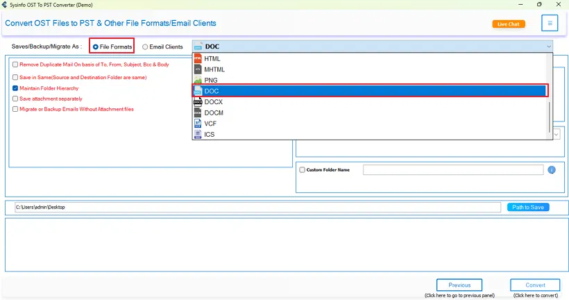 Choose the DOC format