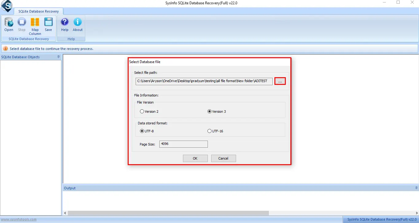 Click Browse to add the SQLite database file