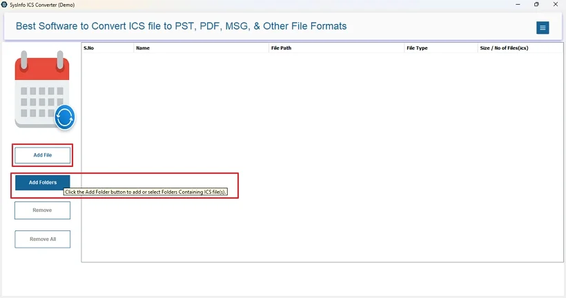 Launch the ICS Converter and pick a button to add calendar data