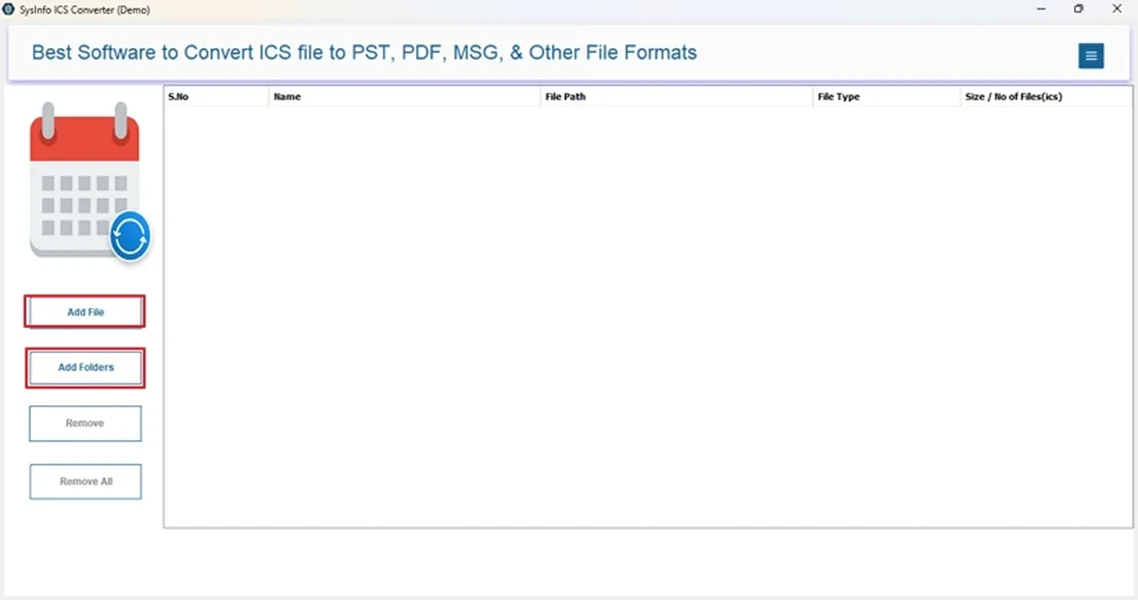 Launch ICS to JPG Converter and select Add File or Add Folder. 