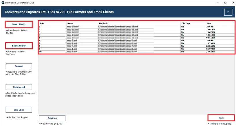 Then, add the EML files and click Next.