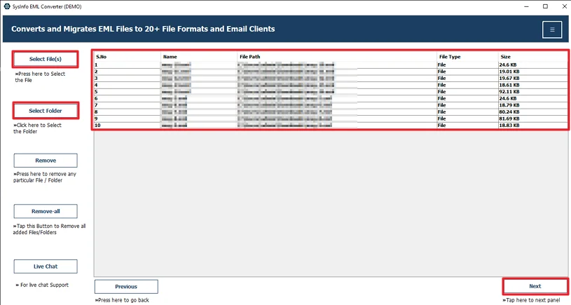 Then, add the EML files and click Next.