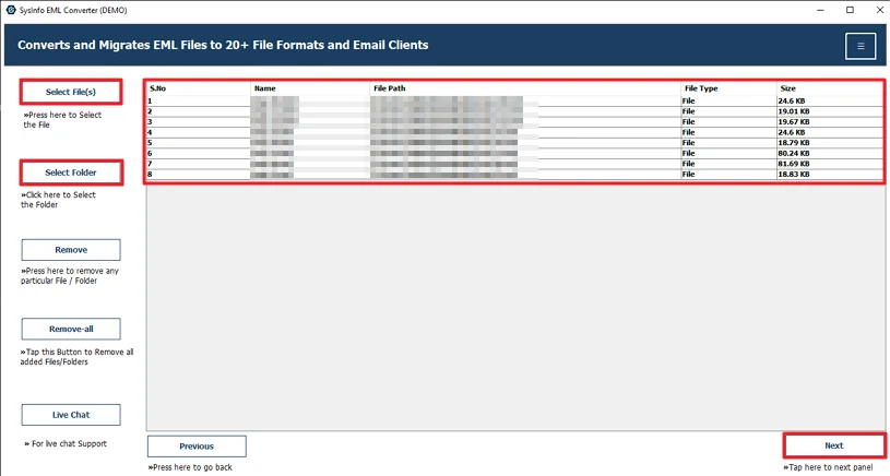 Further, add the EML files and click Next.