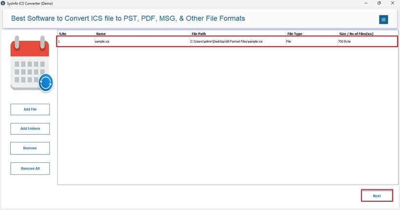 Then, with the Add buttons, upload your iCalendar and click Next. 
