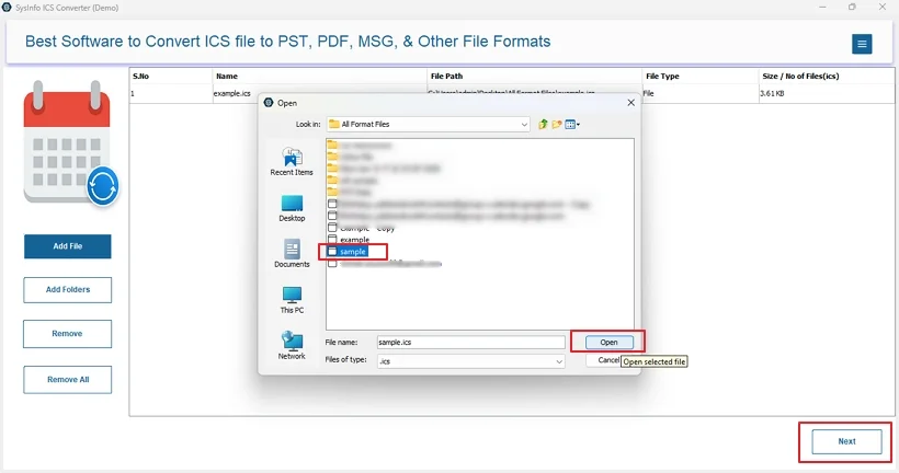 Then, with Add File or Add Folder, upload ICS files and click Next. 